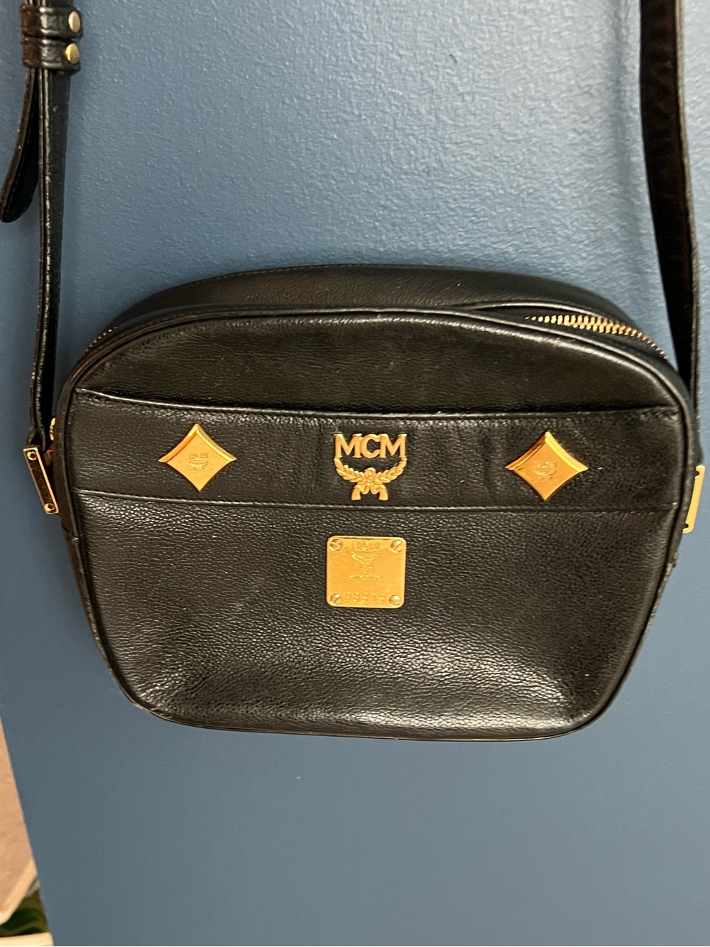Vintage MCM Black Leather Studded Camera Crossbody Bag